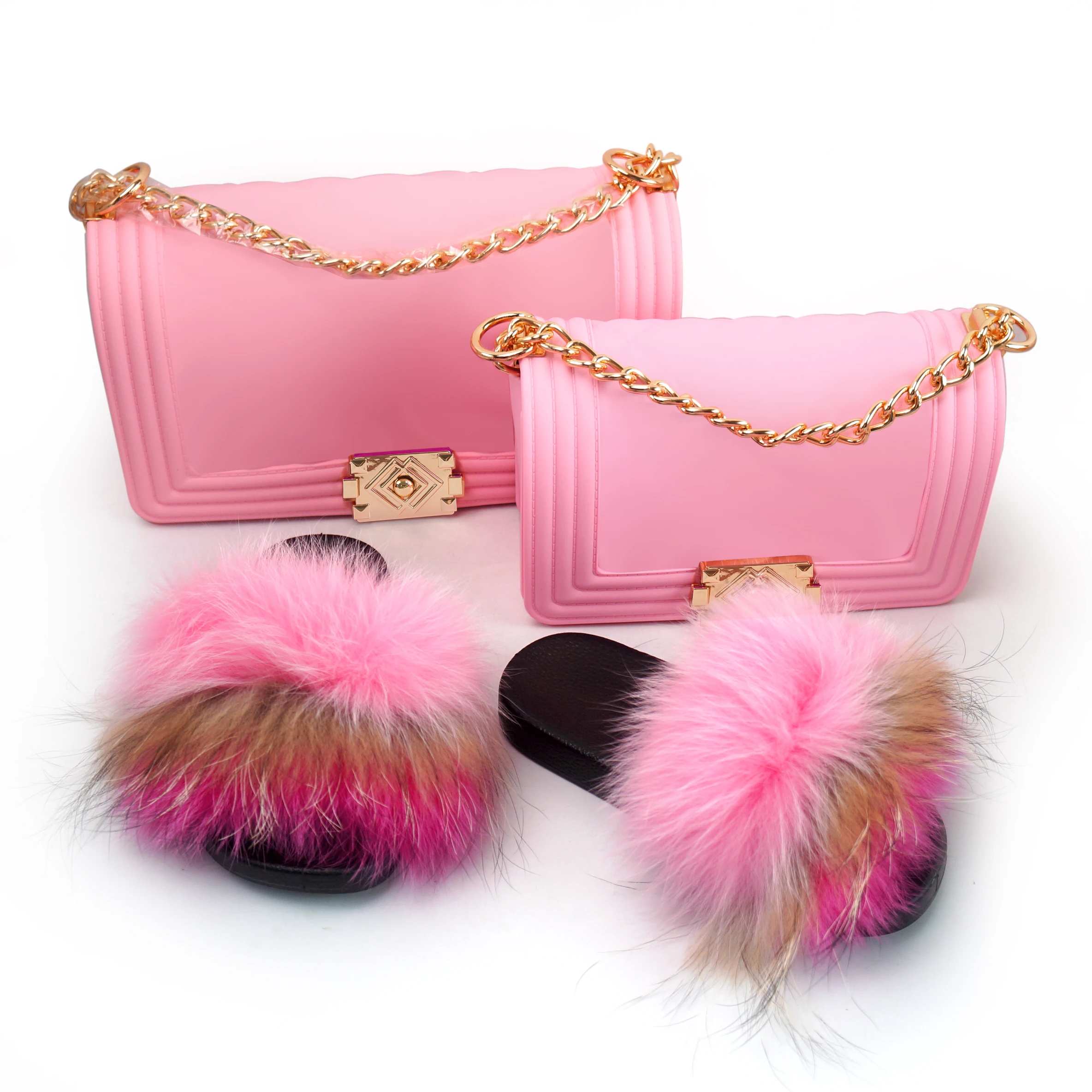 

Hot sale set Fashion Soft Wide varieties rainbow fur slides colorful fur slippers women bag