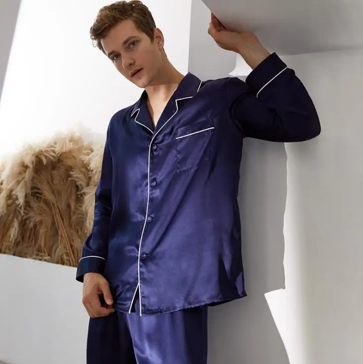 Men Luxury Sleepwear 100% Silk Satin Pajamas Set Soft Long Sleeve Loungewear Set