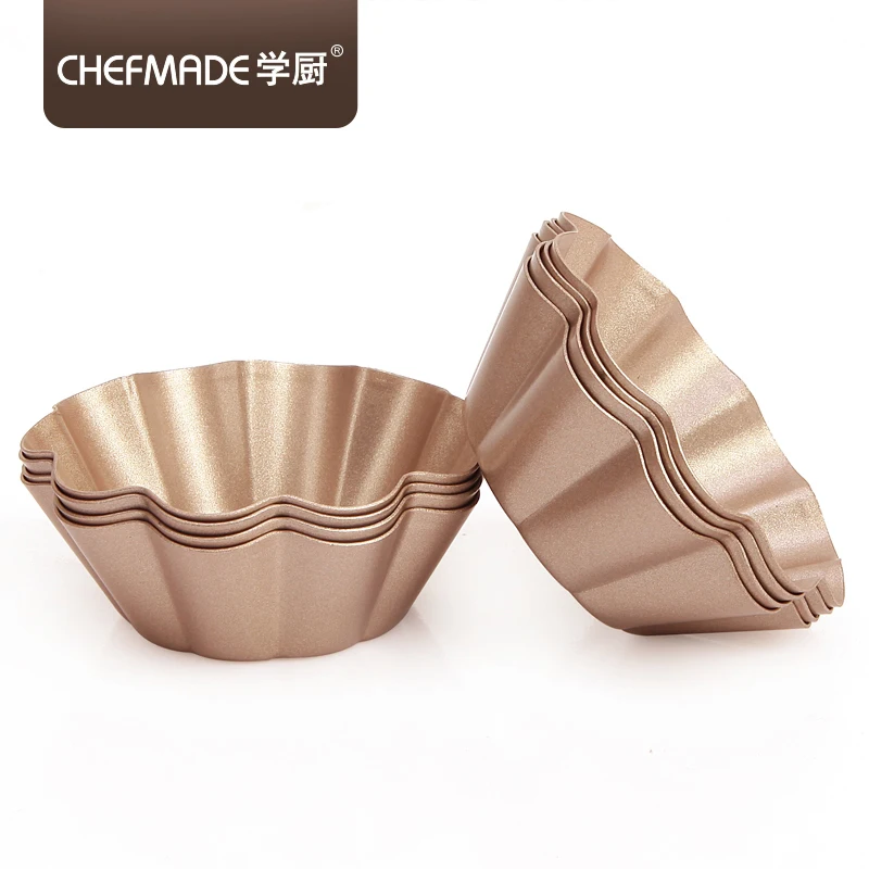 

Multifunctional Four-piece 3 Inch Non-stick Corrugated Egg Tart Baking Mould, Champagne gold