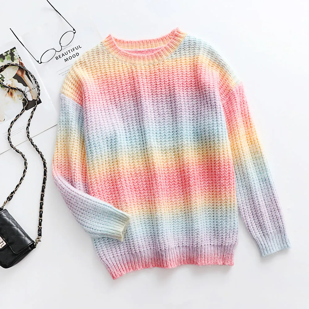 

2022 new arrivals round neck rainbow hollow out knit top fashion pullover tie dye women sweater, Purple, orange, grey