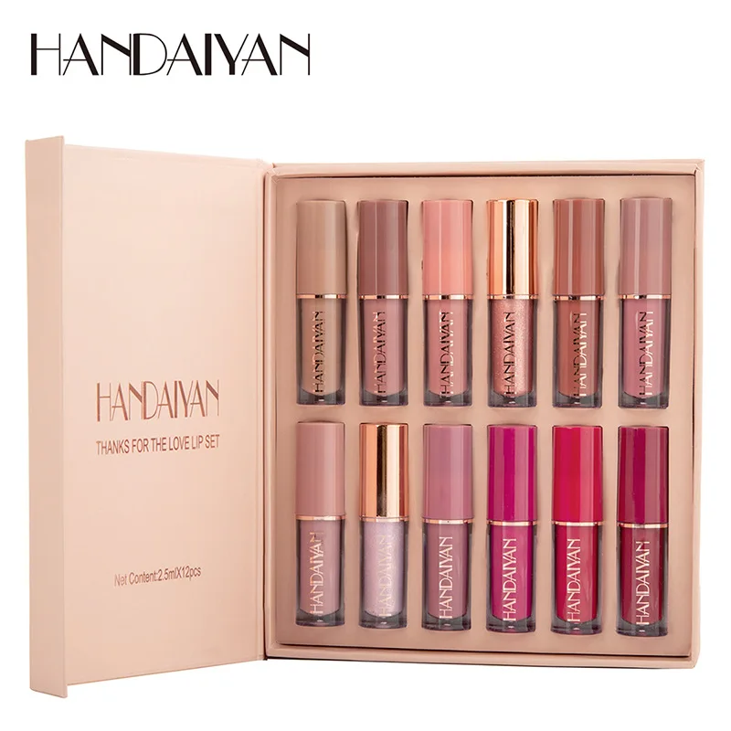 

HANDAIYAN Private Label 12 Colors Matte Lustre Lipgloss Set Liquid Vegan Makeup Cosmetic Custom