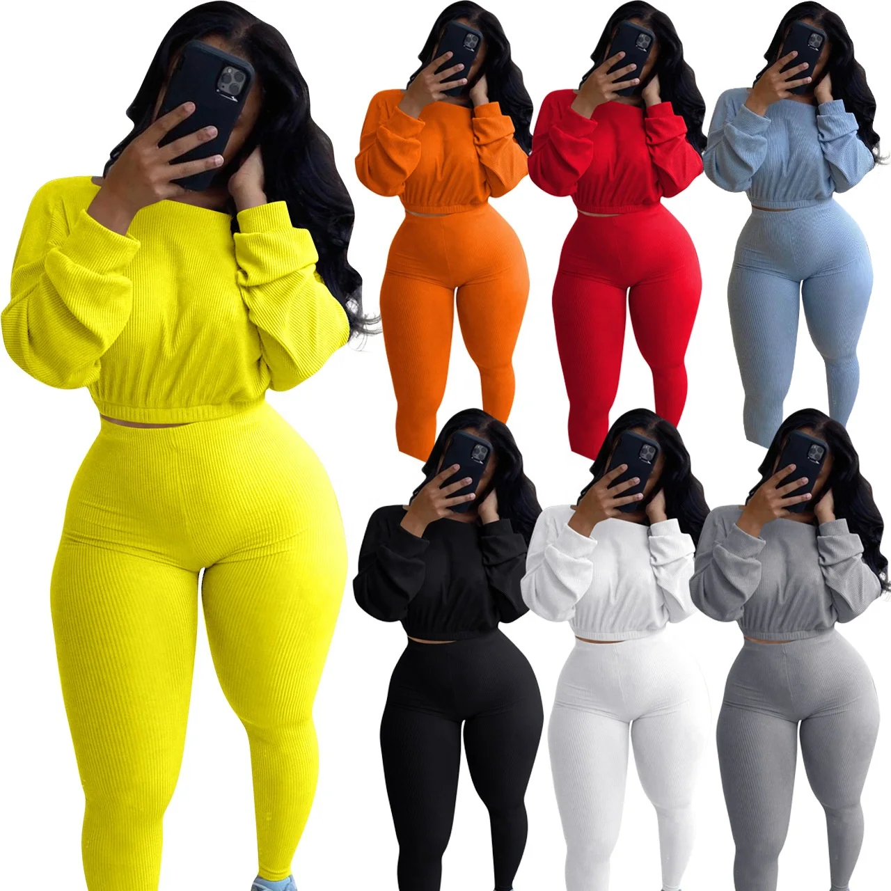 

LW - NK174 New design ribbed tracksuits long sleeve women 2 piece pants set clothing fall sets