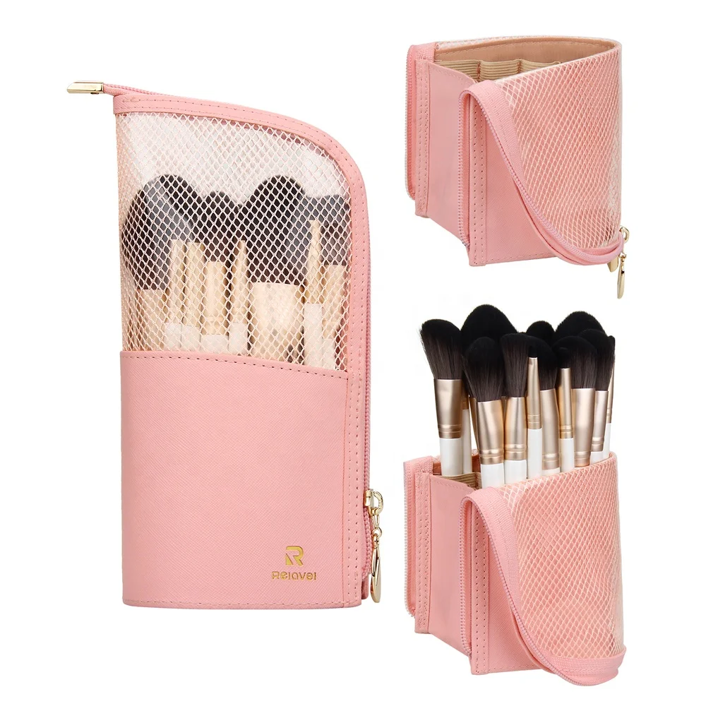 

Free Dropshipping Relavel 2021 New Design Multi-function Waterproof Stand-Up Organizer Divider Makeup Brush Holder For Travel, Pink