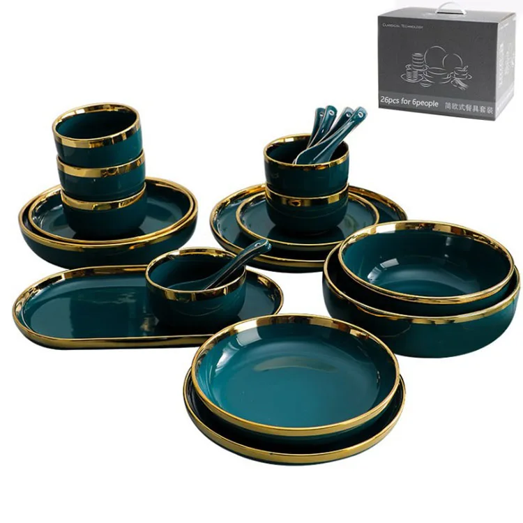 

Hot sale cheap Luxury 26pcs Dinner Set Porcelain peacock Green Dinner Plate and Bowl Set With Gold Rim