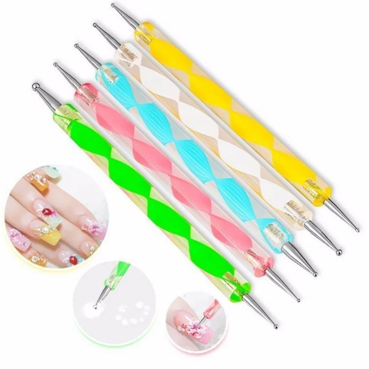 

Wholesale Two Way Nail Art Dotting Tool Acrylic Rotating Handle Picker Brush Set Double Flower Pin-point Dotting Pen, 5colors