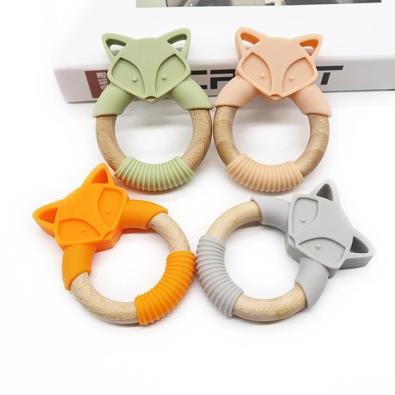 

10pcs/set Fox Silicone Teether and Wood Teething Ring Baby Chewable Toys Wood Ring Food Grade Silicone Soother M379