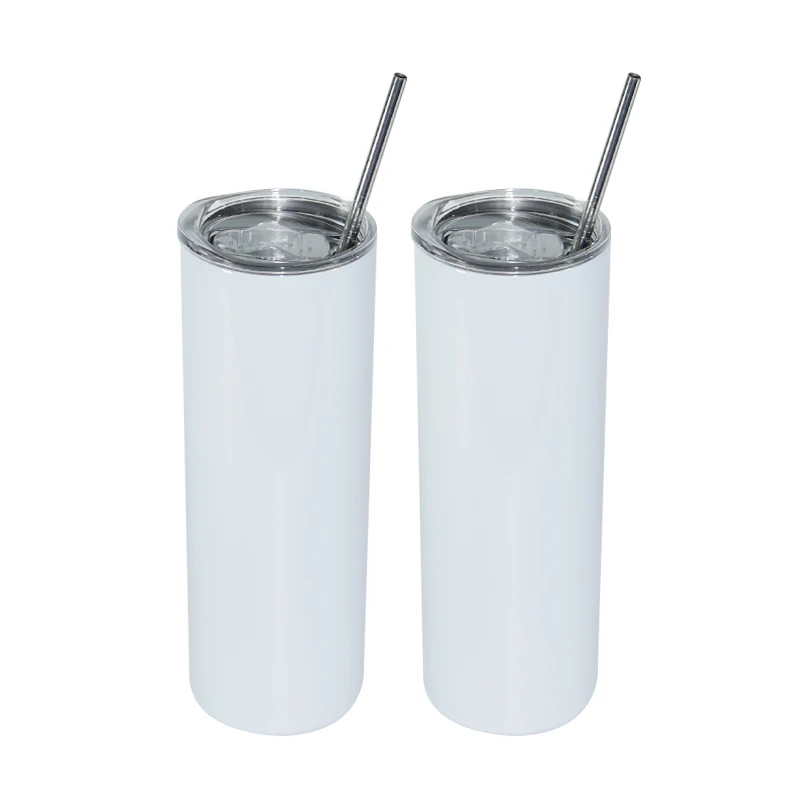 

20oz ounce stainless steel double wall heat press straight blanks skinny 20 oz sublimation tumblers with lid and straw, White glossy