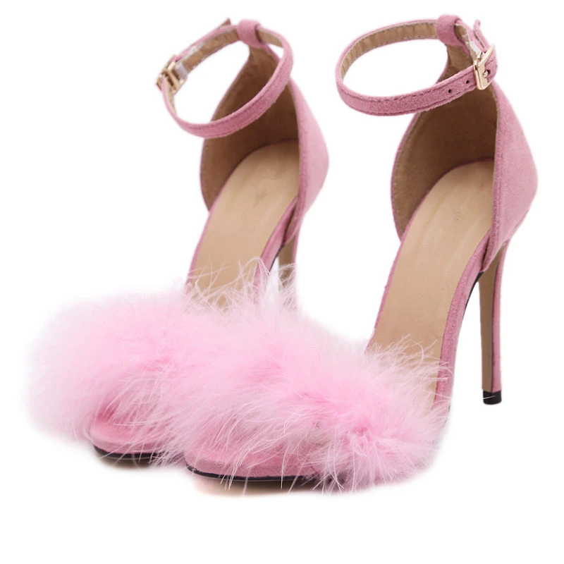 

High-heeled summer women shoes fish head women sandals large size lady fur sandals shoes, Pink, beige, wine red, black