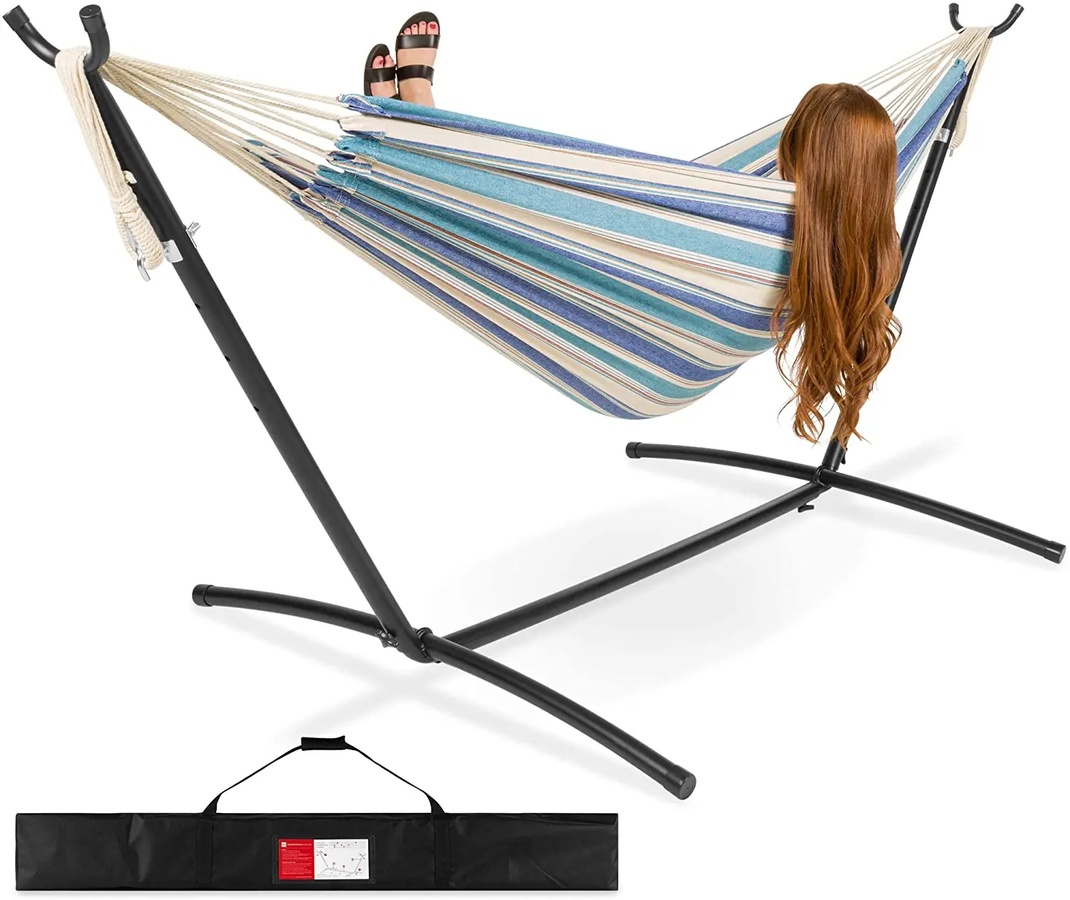 

Best Choice Products 2-Person Double Hammock with Stand Set Cotton Stripe Indoor Outdoor Stand Free Hammock, Black, navy, red, customized color