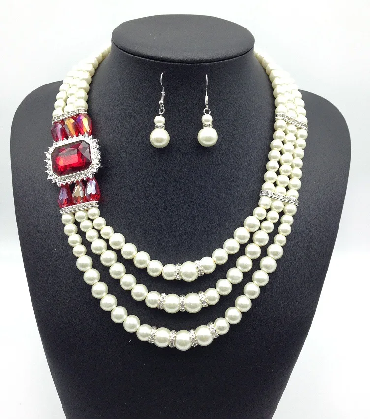 

Fashion Multilayer Three Layer Collar Necklace Earring Jewelry Sets African Imitation Pearl Crystal Jewelry Pearl Set