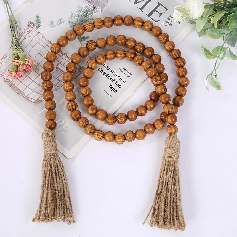 

Vintage Wooden Home Decoration Handmade Garland With Jute Rustic Tassel Wood Bead Wall Hangings
