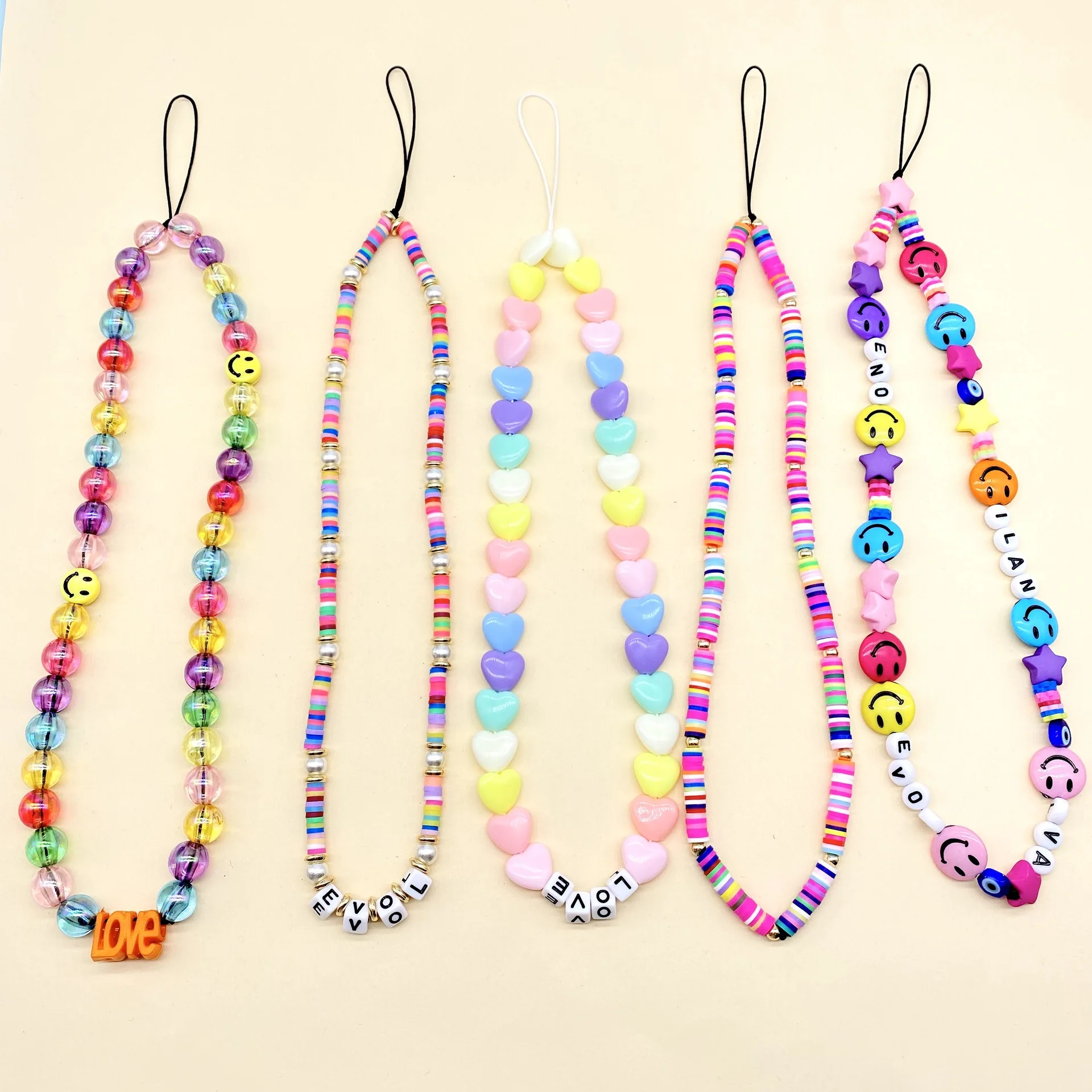 

Fashion Handmade Diy Beads Phone Lanyard Anti-Lost Phone Straps Cute Love Heart Beaded Cell Phone Chain
