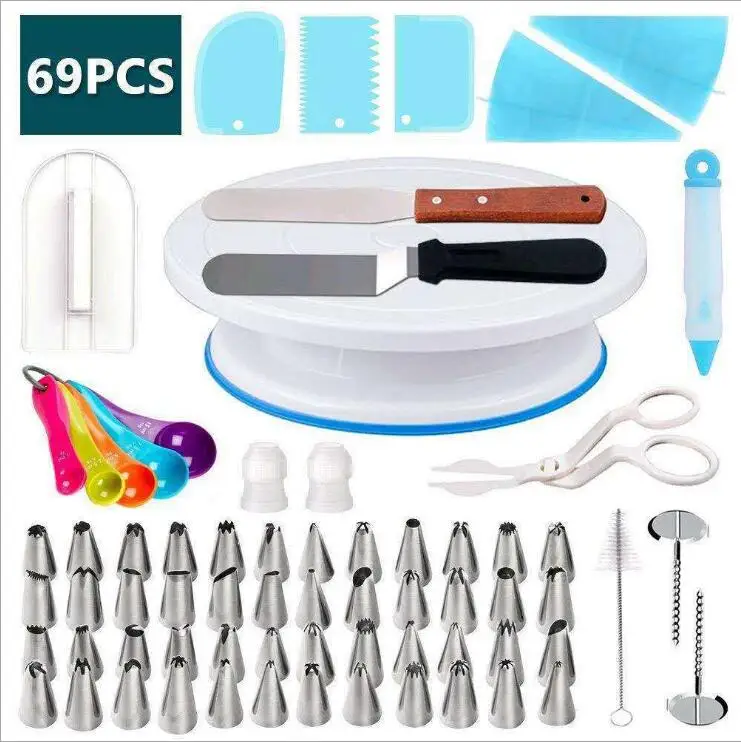 Wholesale Cake Decorating Supplies Kits Tools with Pastry Bags 69 Pieces Plastic Rotating Cake Decorating turntable set,