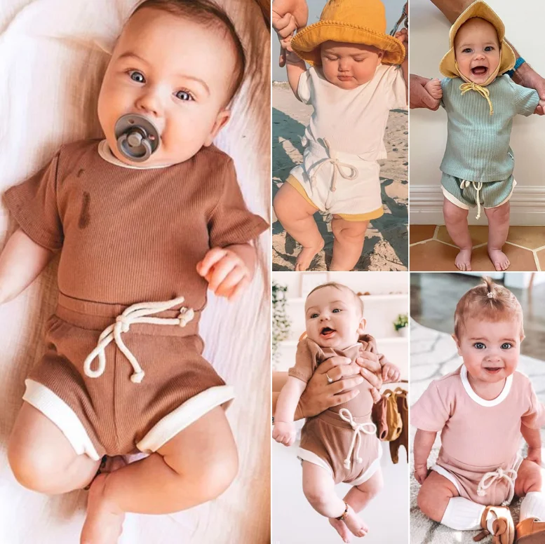 

Summer baby sets rib clothes 2 pcs hot sale wear high quality 95% cotton  baby grow, As picture