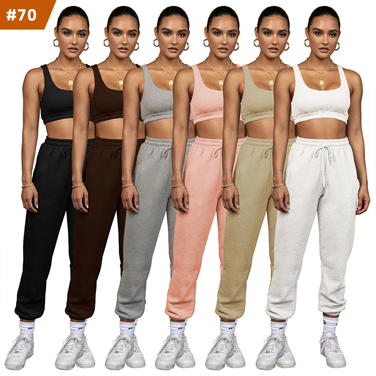

2022 new arrival double layer vest women's solid jogger sets crop top jogger set women 2 piece woman pants set, Mix color is available