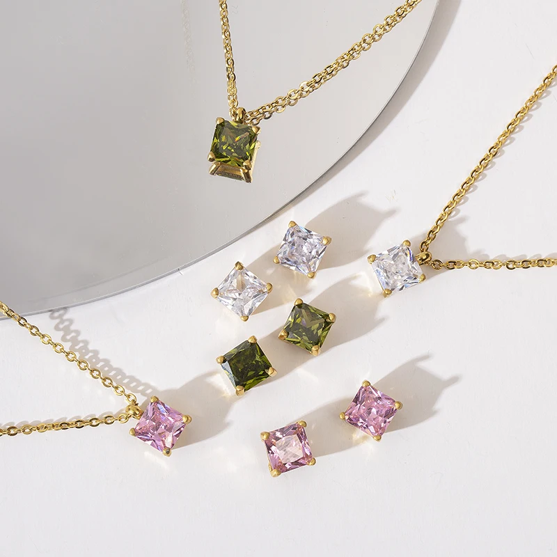 

18k gold-plated stainless steel white/pink/green square zircon pendant necklace earrings jewelry set for women