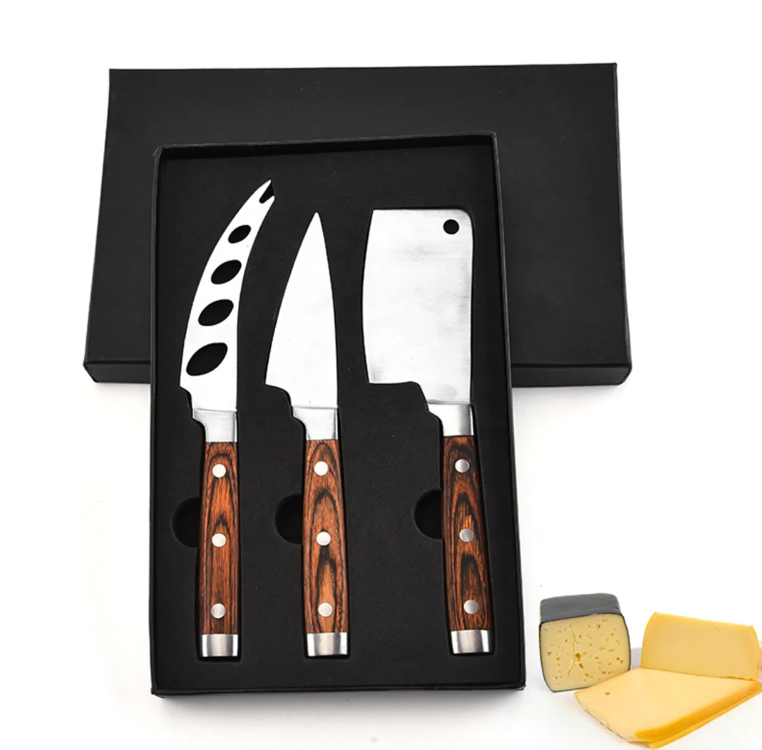 

3 Piece Laguiole Pakkawood Cheese Knife Set, Large, Wood Grain With Paper Gift Box, Sliver