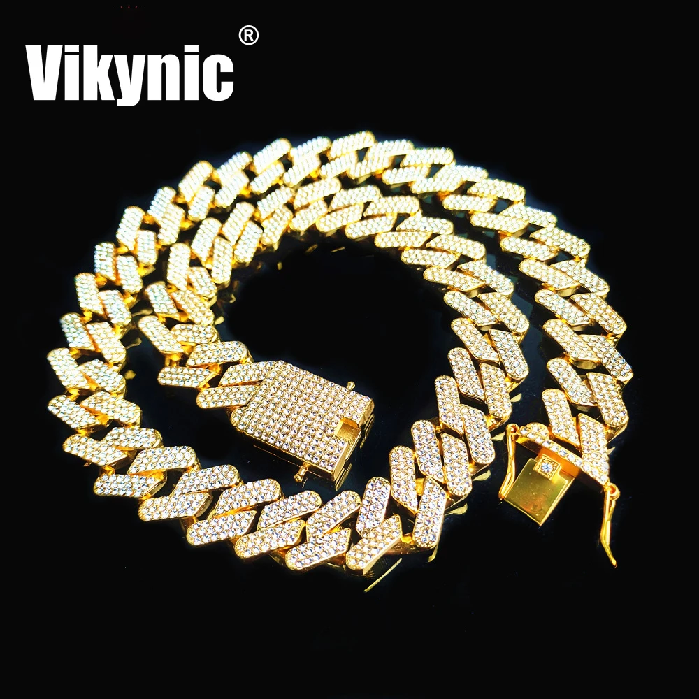 

Hip Hop 22K Gold Plated 20mm 3 Layer Diamond Chain Cuban Link Chain Necklace Cubic Zirconia Necklace Iced Out Cuban Link Chain, Gold/silver/rose gold