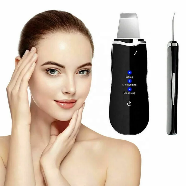 

High Frequency Vibration Ultrasonic Skin Scrubber Face Skin Spatula Blackhead Remover Pore Cleaner, White, black