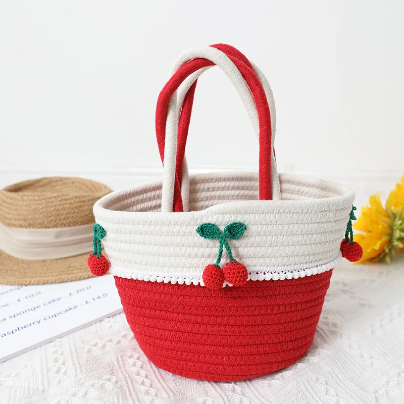 

Lovely cherry small handbags handmade cotton thread woven bags holiday bucket bags