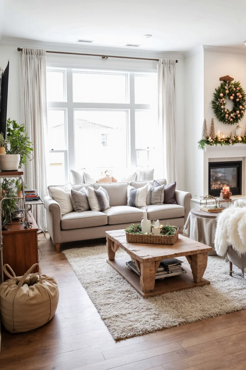 Christmas living room safety tips with secured tree and soft decorations
