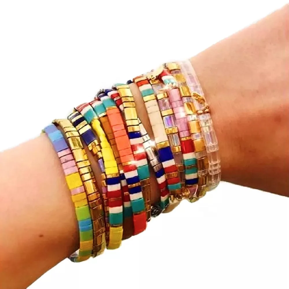 

Boho lucky fashion jewelry beach colorful handmade Tila beads friendship couple bangle bracelets women