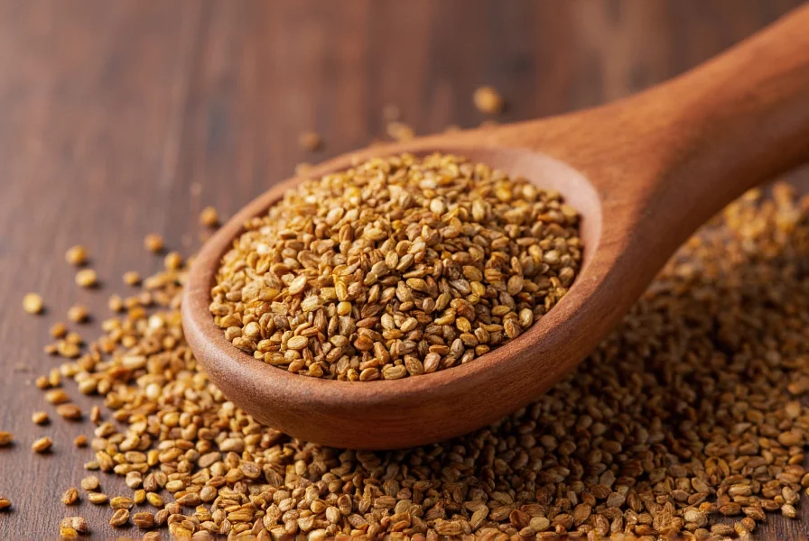 Close-up photograph of golden brown cumin seeds in a wooden spoon against rustic kitchen background
