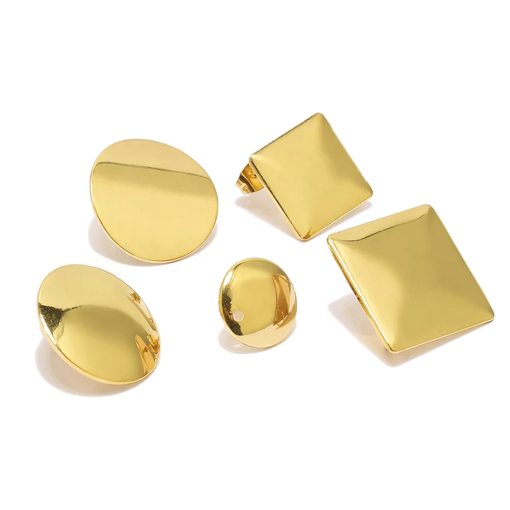 

10Pcs Simple Stainless Steel Gold Color Curved Surface Round Convexity Rhomboid Stud Earrings For DIY Jewelry Components