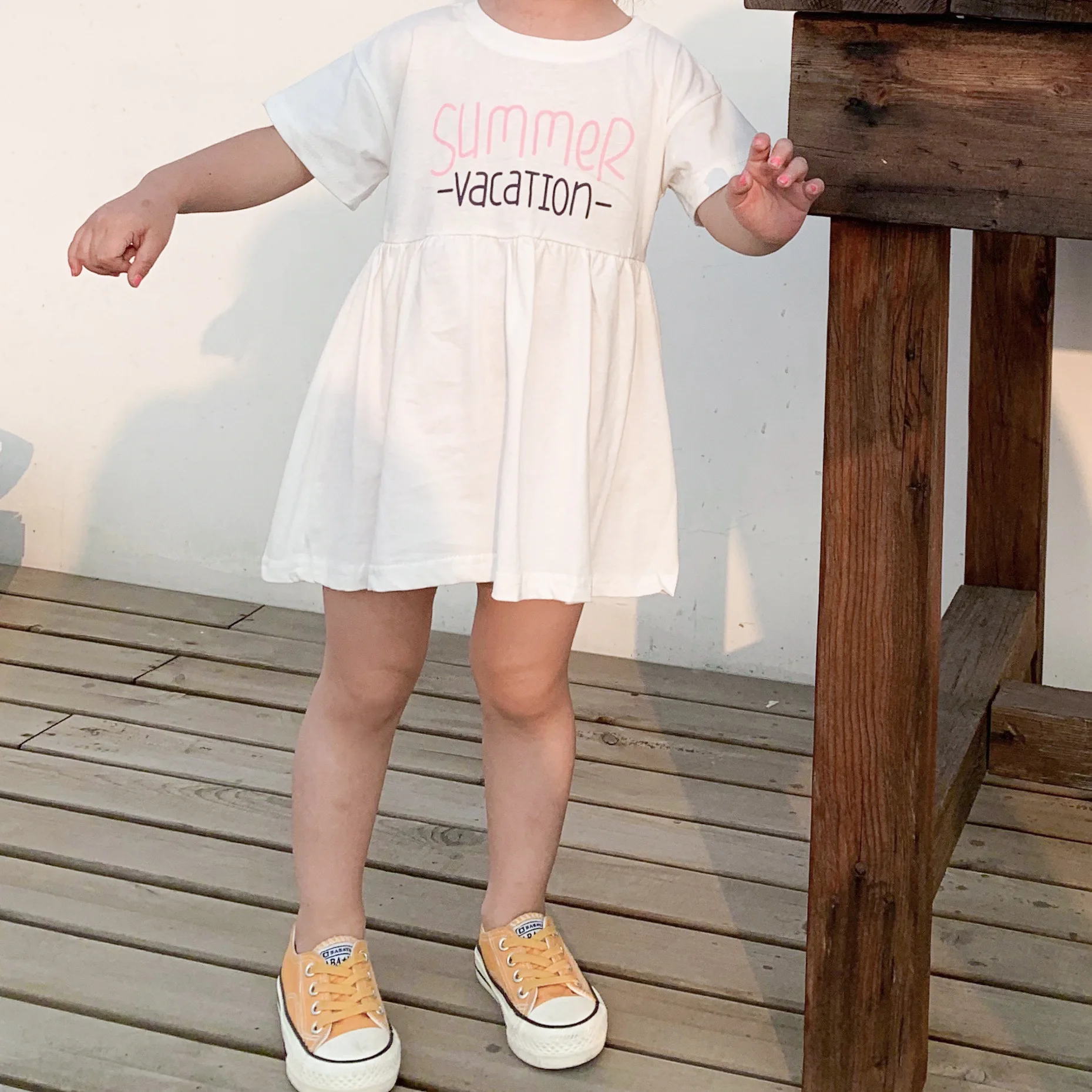 

Aselnn 100% cotton summer dresses for little girl letter print short sleeve white green baby girl casual clothes