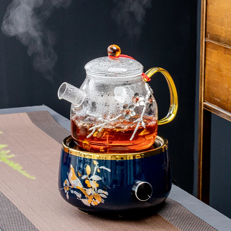 

Wholesale glass teapot set gift cup tea coffee drink water clear steaming teapot with inlaid metal flowers, Transparent color