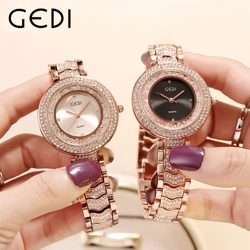 

GEDI hot style diamond-encrusted steel belt ladies watch douyin the same vintage watch ladies casual fashion watch, Black gold