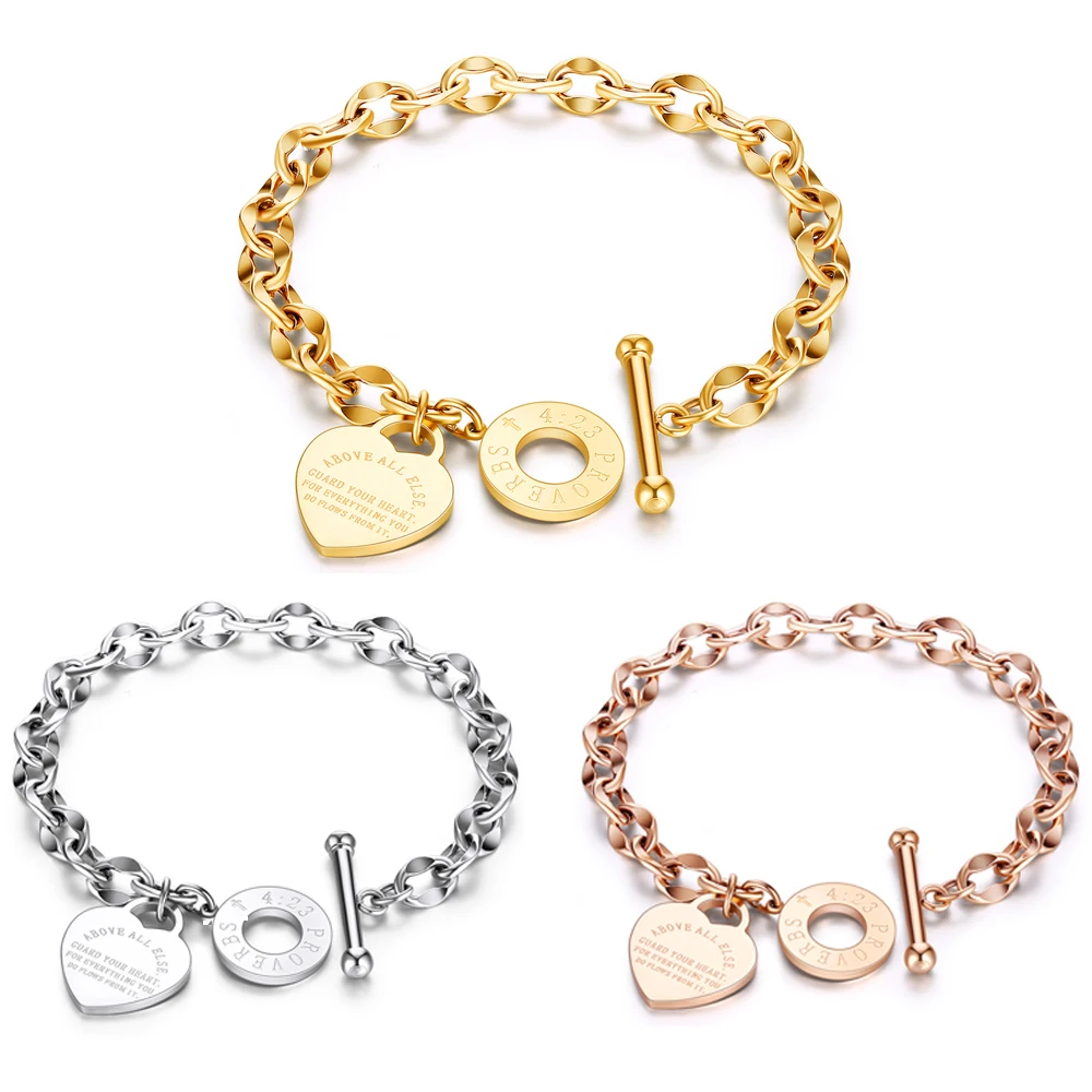 

Wholesale Text Engraved Stainless Steel Love Heart Bracelets Party Gift Fashion Chain Charm Bracelets Jewelry For Women, Picture shows