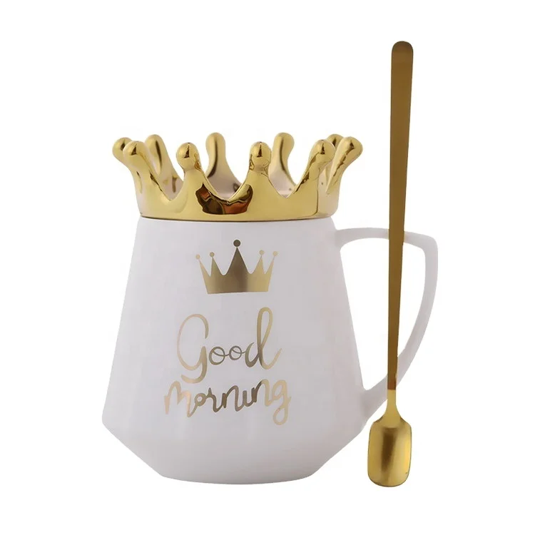 

luxury fancy gift creative big belly white my love ceramic mug for tea coffee mug 380ml with gold crown lid