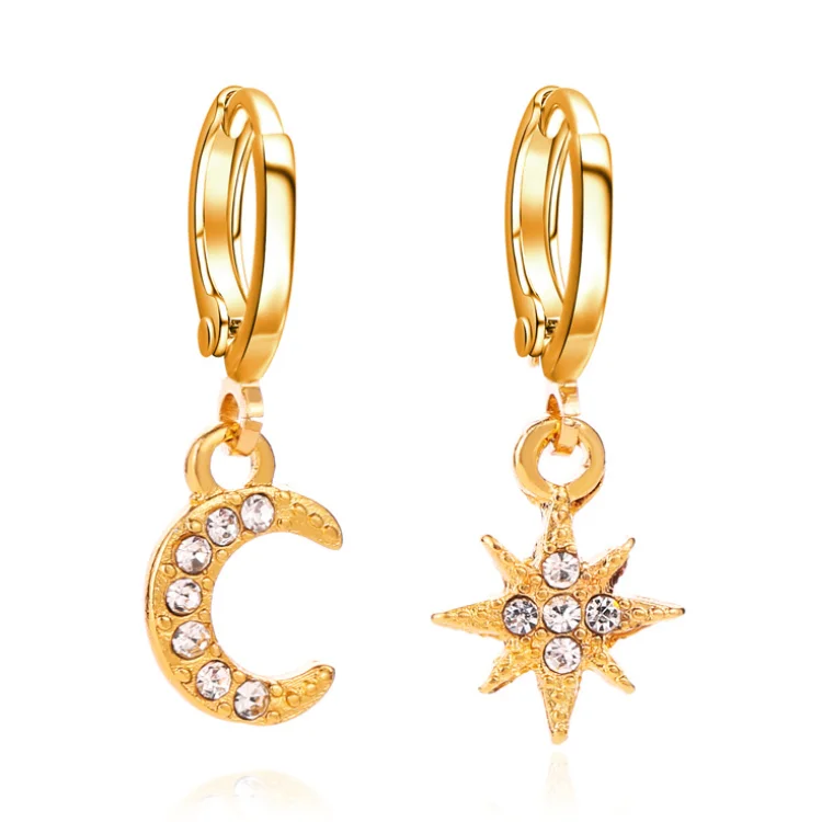 

New Arrival Fashion Classic Geometric Women Dangle Earrings Asymmetric Earrings Of Star And Moon Female Korean Jewelry, Gold