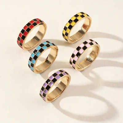 

Ding yi 2021 INS new product color checkered colorful ring fashion creative geometric ring, Gold