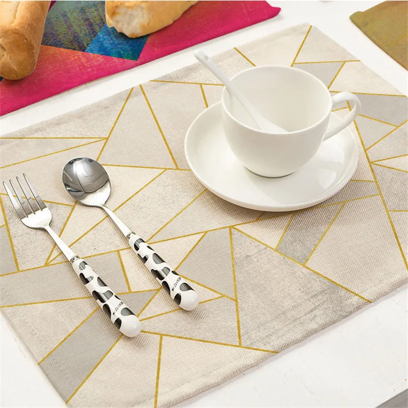 

Dining Table Mat Coaster Pads Cup Mats 42*32cm Home Decor Pink Geometric Marble Printed Cotton Linen Kitchen Placemat, As photo