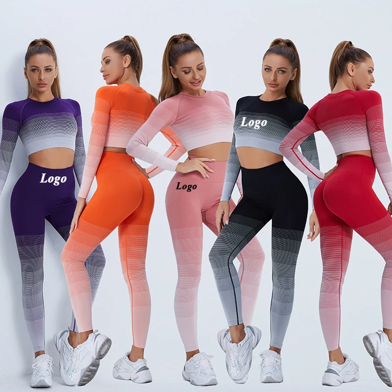 

2021 High Quality Seamless Tracksuit Female Gradient High Waisted Leggings Running Sportswear Workout Clothing Women Set