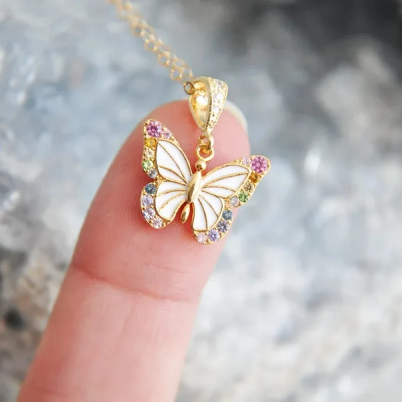 

2023 Sweet Hot Brass Real Gold Plated Necklace Hoop Butterfly Earrings Colorful Zircon Enameled Butterfly Necklace for women