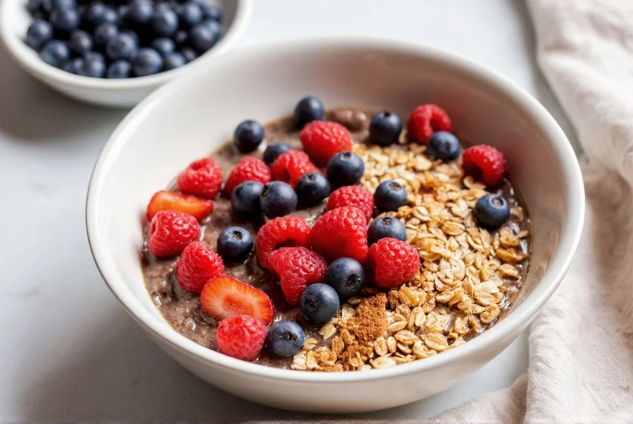 Healthy breakfast bowl with oats, berries, and a visible sprinkle of cinnamon on top
