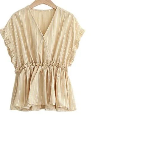 

Plus size women's bat sleeve striped deep V shirt waist short sleeve shirt women