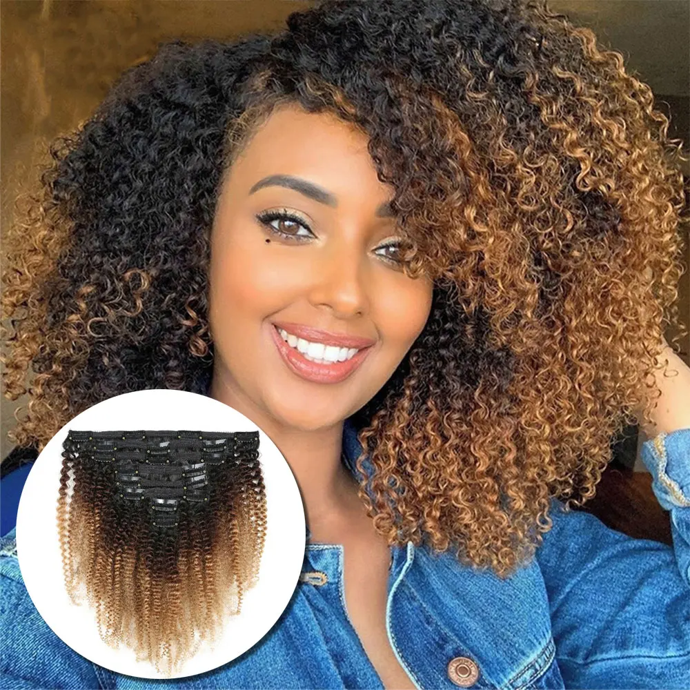 

1b/4/27 10A Grade Brazilian Afro Kinky Human Hair Clip In Hair Extension 1b/99j, Natural color,can be customized