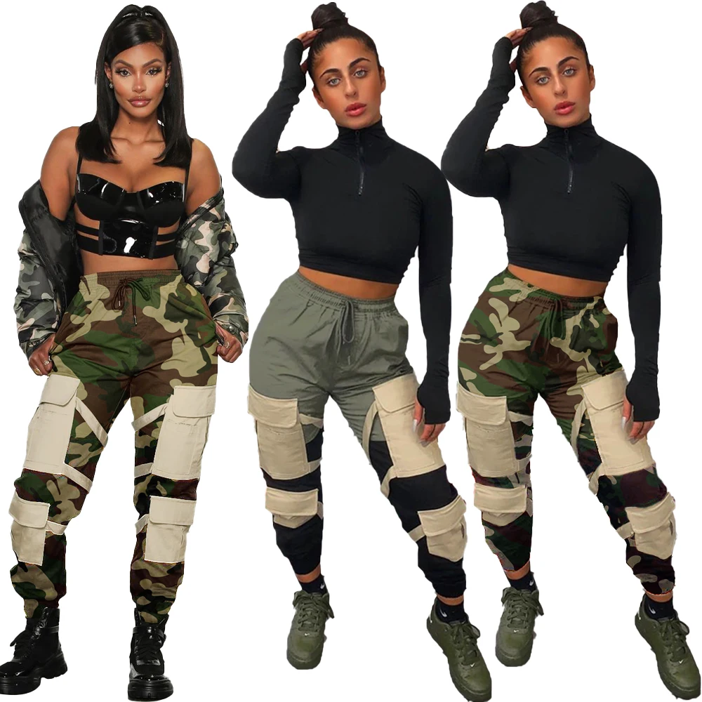 

Foma HY5134 New fashionable camouflage contrast color cargo pants fashion women trousers, As picture shown