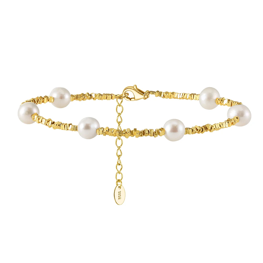 RINNTIN GPB28 Dainty 925 Sterling Silver 14k Gold Plated Nugget Chains Cultured Freshwater Pearl Bracelet for Women