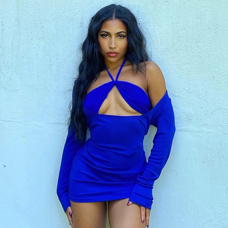 

Bomblook W21DS472 Casual Streetwear Outfit Sexy Halter Tube Top Hollow Out Dresses Solid Color Long Sleeve Two Piece Set Women