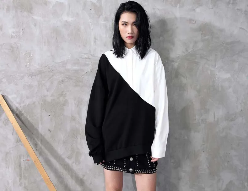 

2020 high quality fashion street wear pure cotton contrast color loose long sleeve Polo hoodies medium length top for women