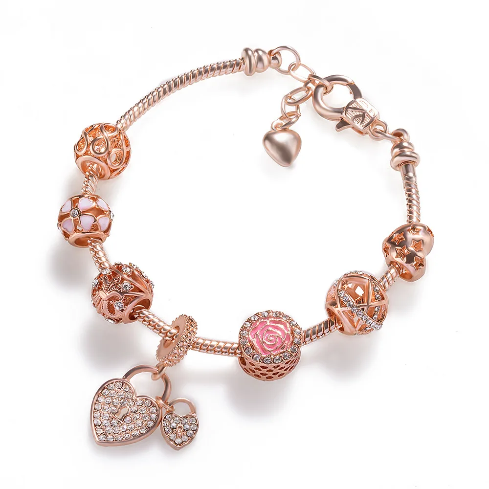

Rose Gold Plating Adjustable Lobster Clasp Crystal Rhinestone Heart Charm Bracelets European Enamel Flower Charm Bracelets