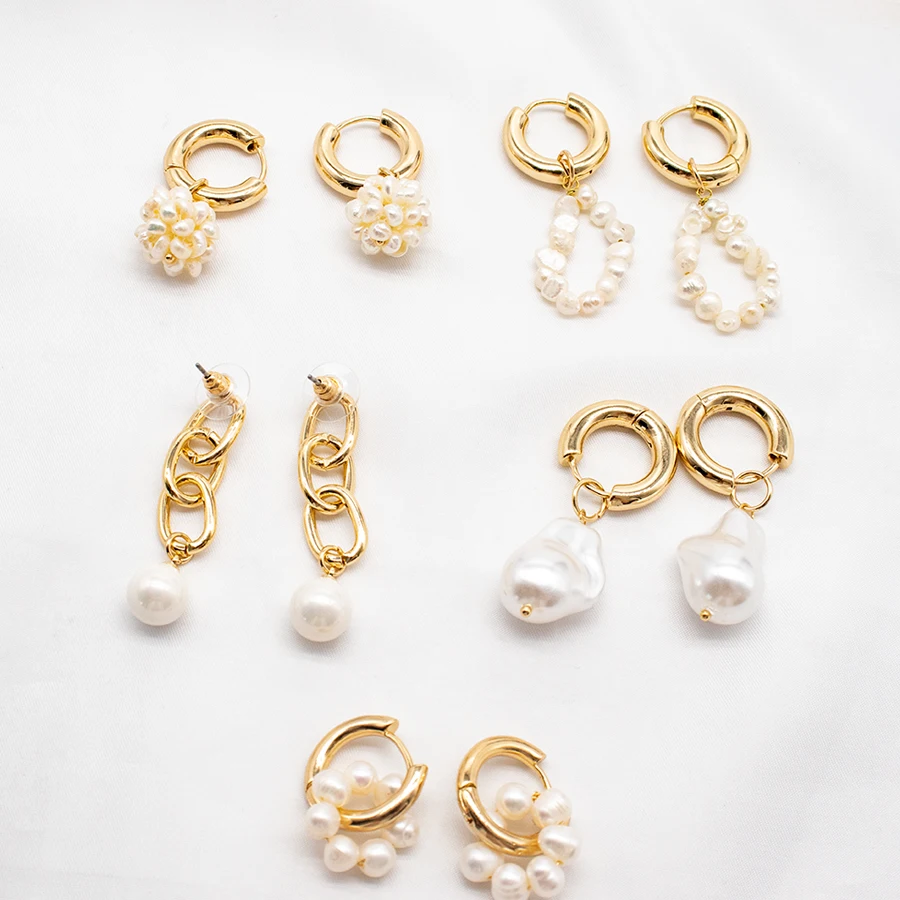 

Baroque Mother Of Pearl Huggies stainless steel Earrings For Women 2021 Natural Stone Crystals Pendant Hoop Earrings