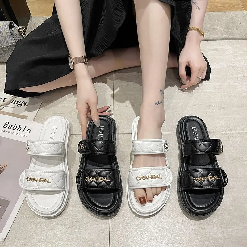 

2021 sandals women summer new arrival hook and loop shoes flat casual balck sandals for women channel slippers, As picture