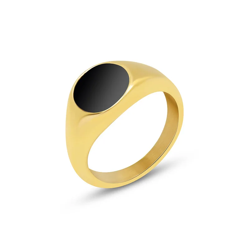 

Modern Design Round Dome Stainless Steel Ring Classical 24K Gold Titanium Steel Enamel Signet Ring For Women Men