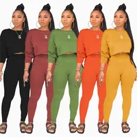 

C90319 good quality women's clothing fashion 2019 lady o-neck 5colors long sleeve solid color pocket two piece pants set